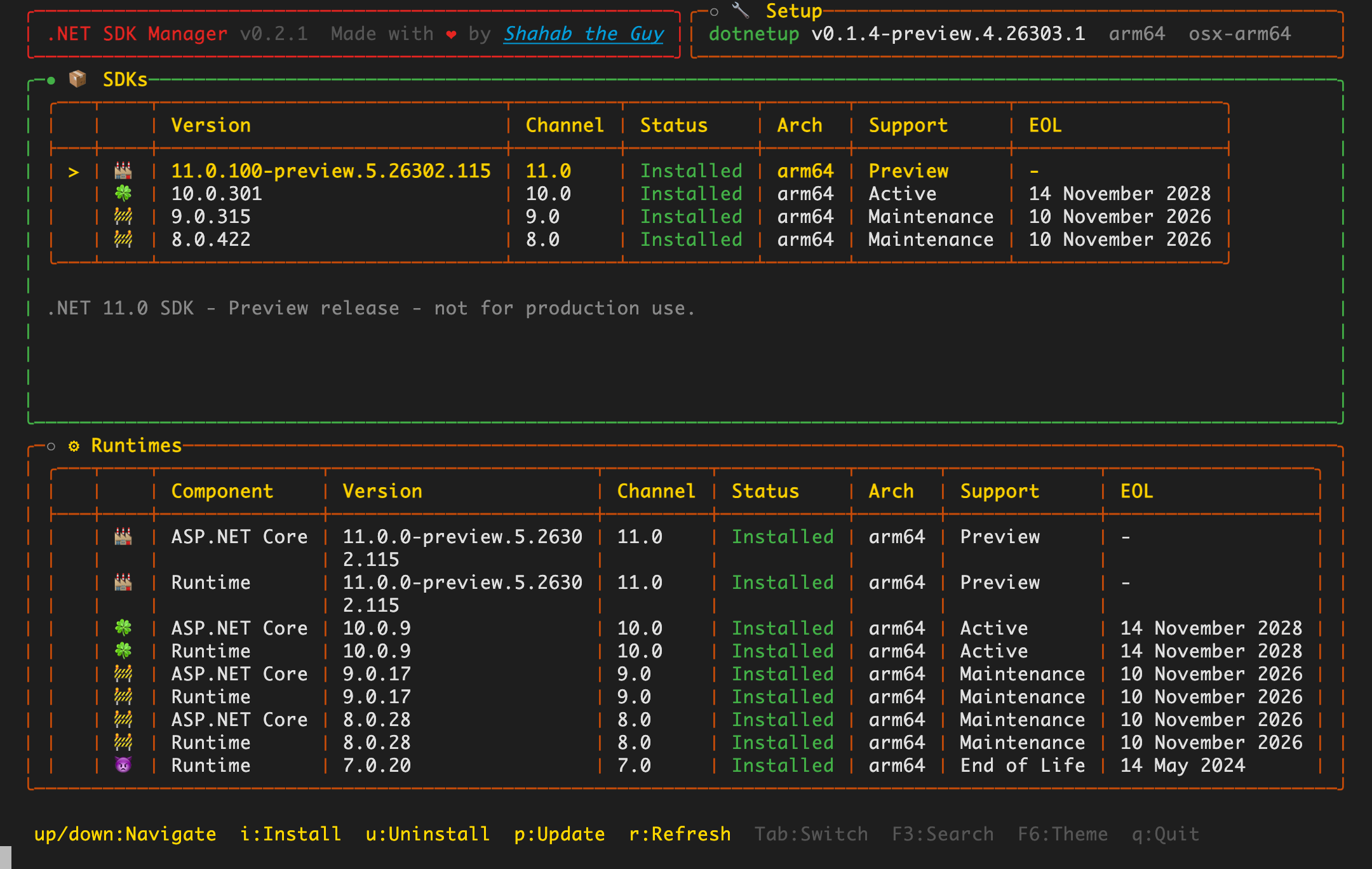 dsm main screen showing installed SDKs and runtimes