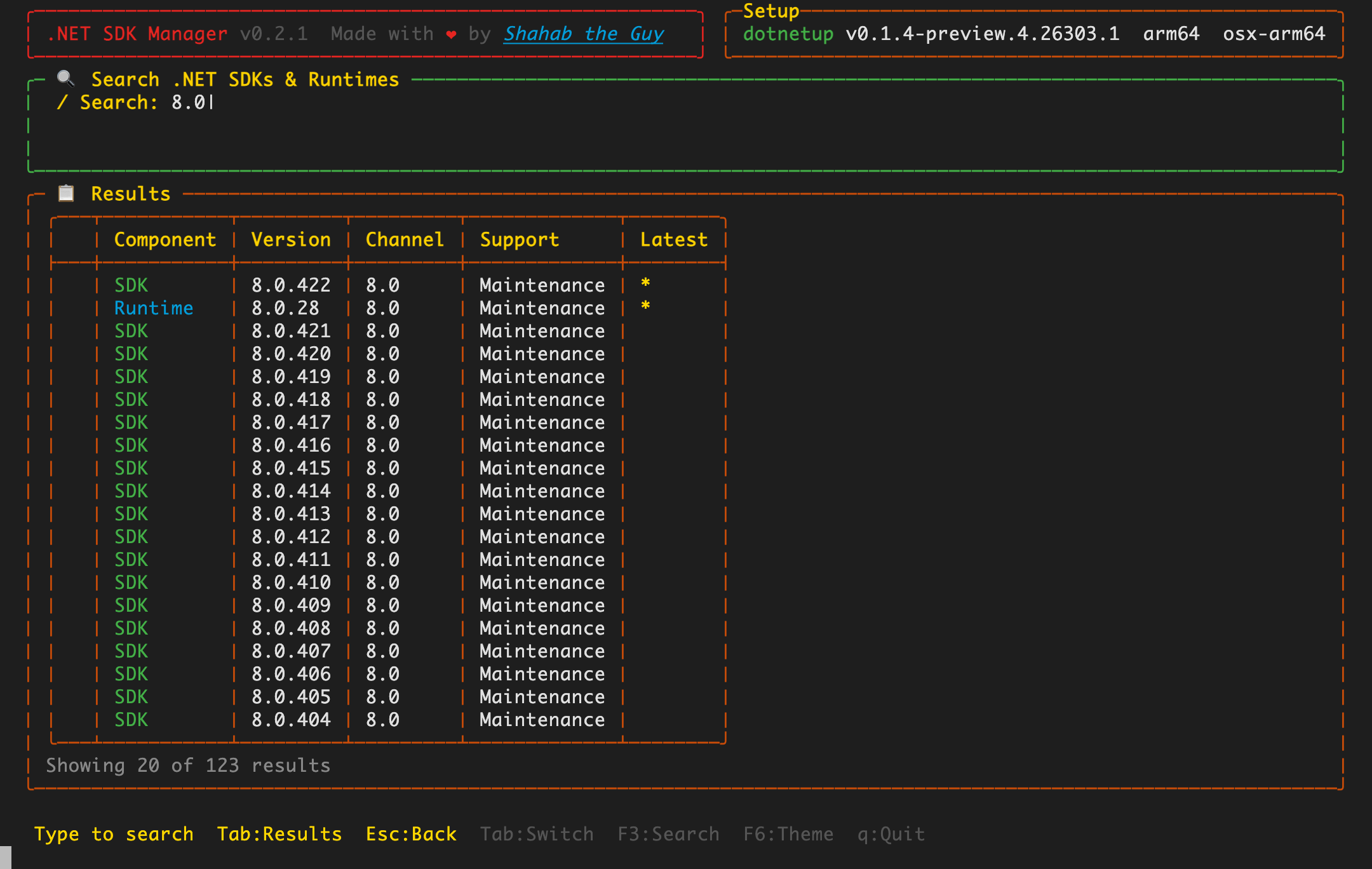 Search results listing many .NET 8.0 versions