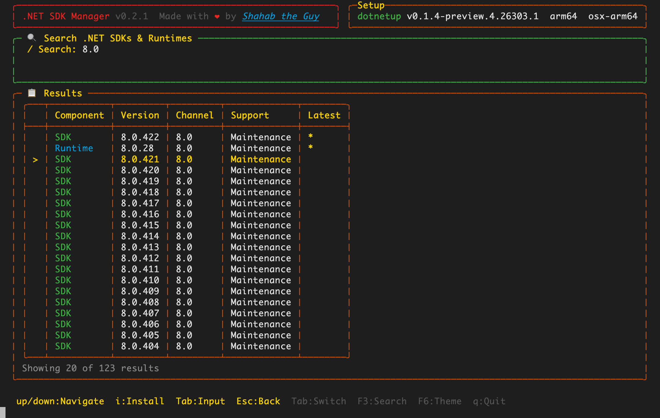 A specific older .NET 8.0 SDK selected in search results