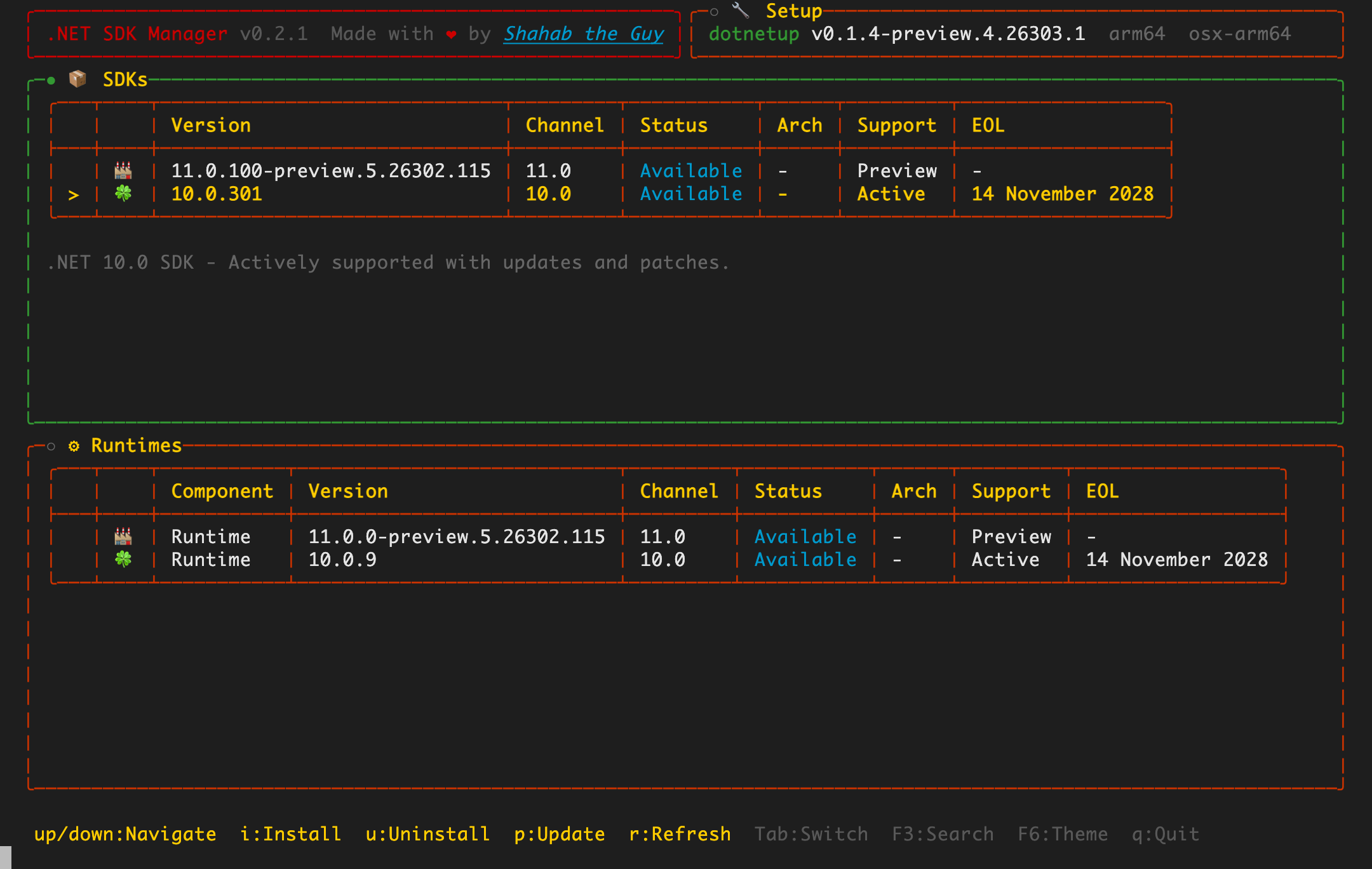 SDKs panel with an available .NET SDK selected, ready to install
