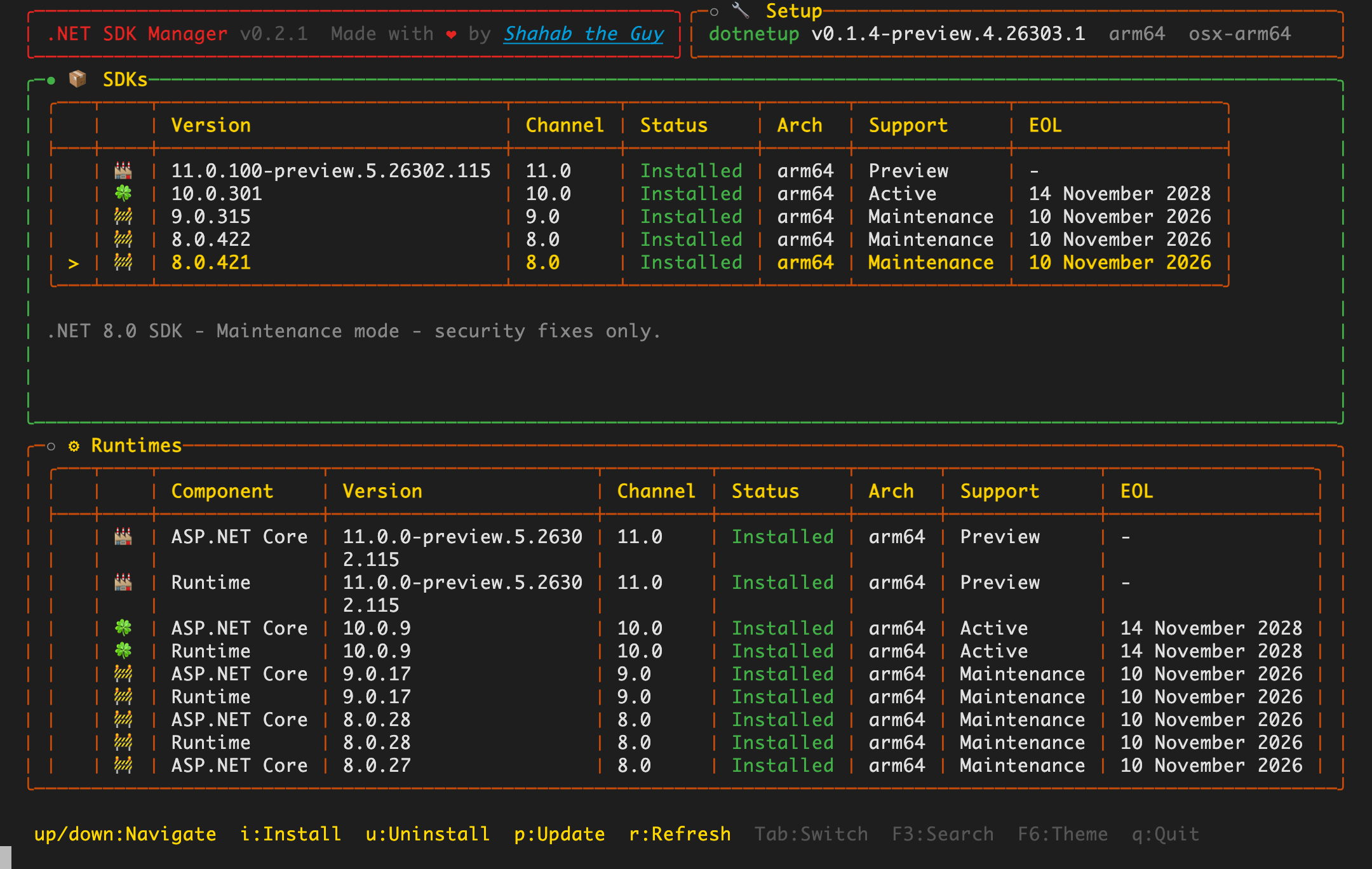 An installed SDK selected, ready to uninstall
