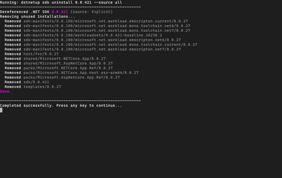 Live output while uninstalling a .NET SDK