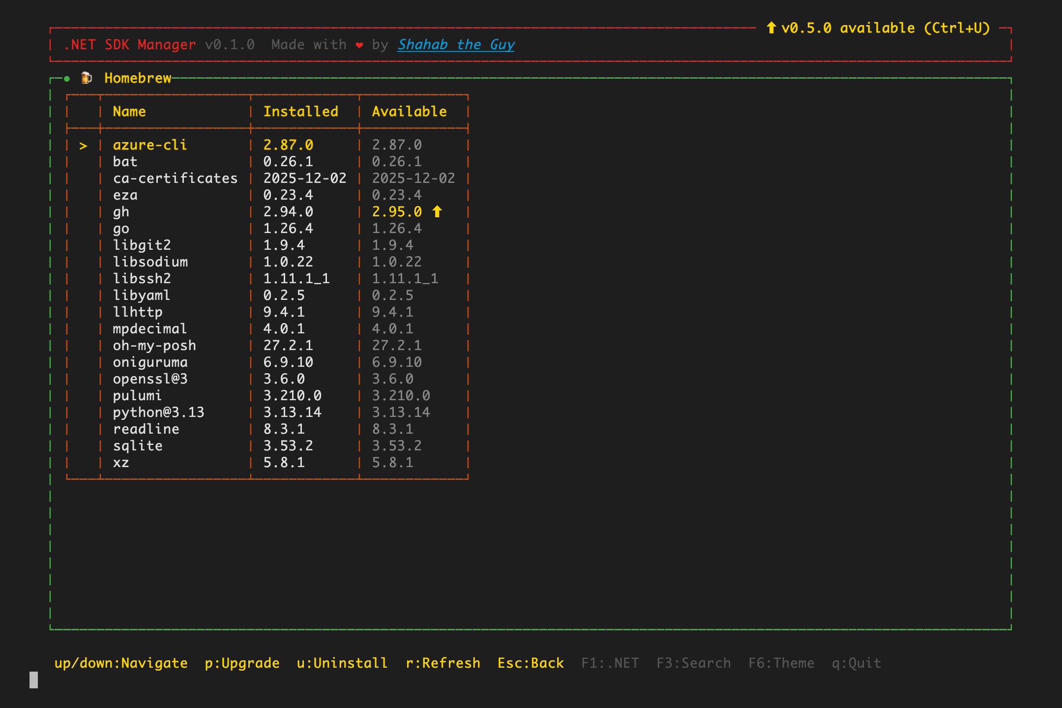 Homebrew workspace listing installed formulae with installed and available versions