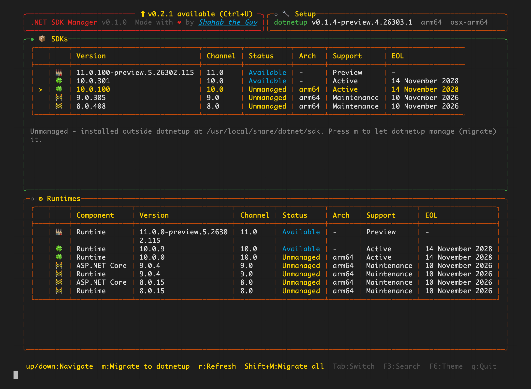 dsm showing SDKs and runtimes installed outside dotnetup, marked Unmanaged