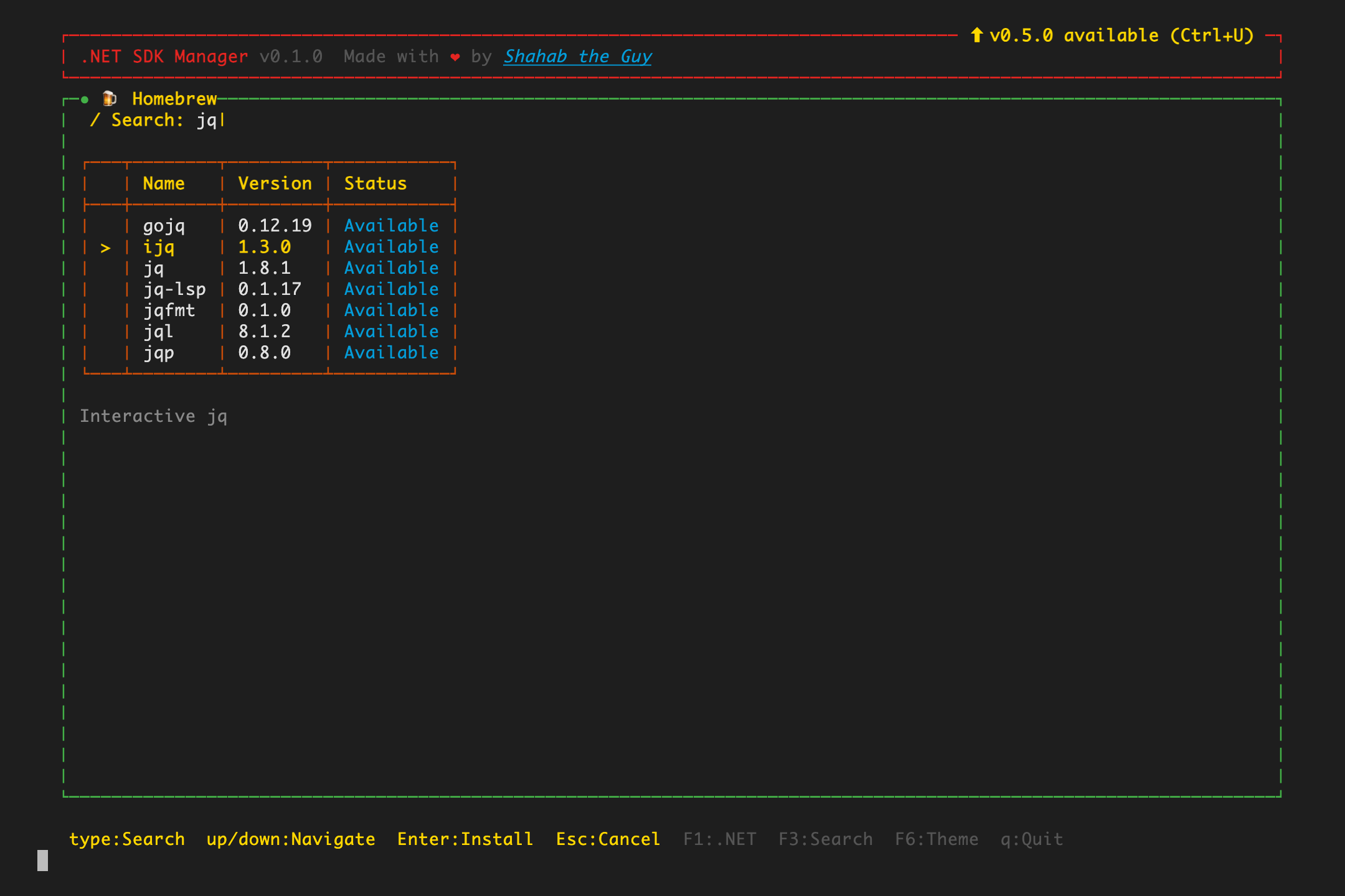 Searching the Homebrew catalog for jq with live results
