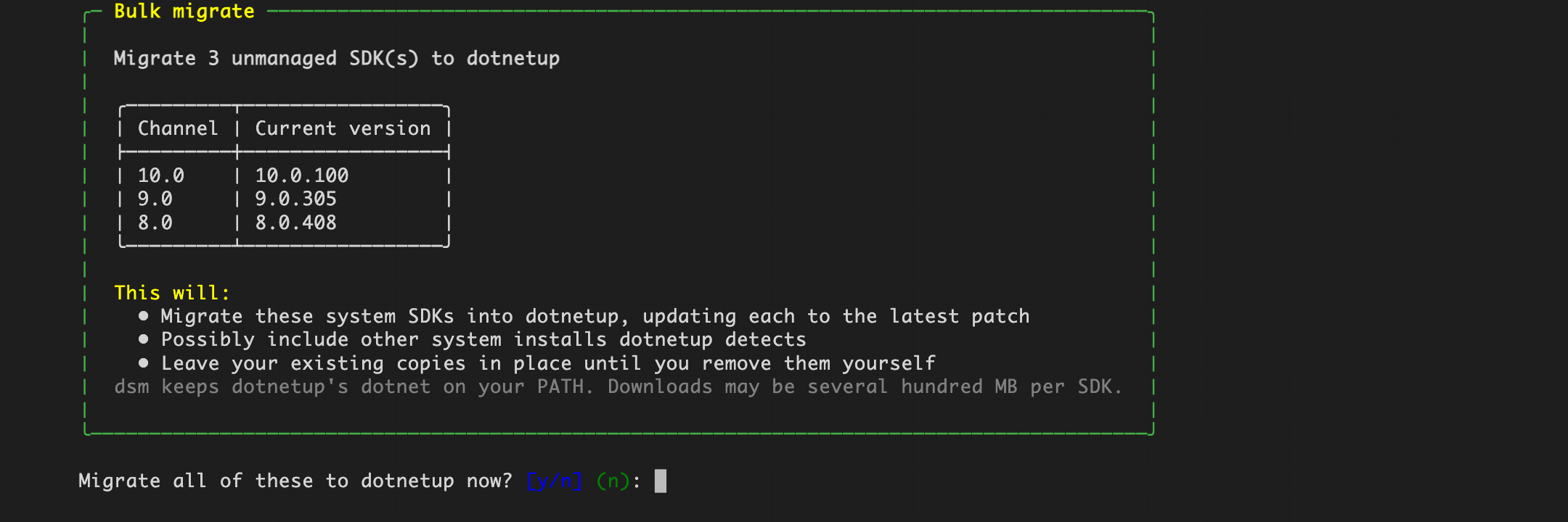 Bulk-migrate confirmation dialog listing the unmanaged SDKs and what migrating will do
