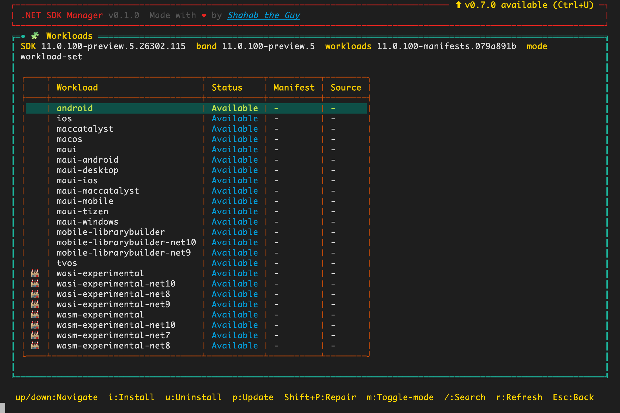 The Workloads workspace showing the SDK's workload catalog
